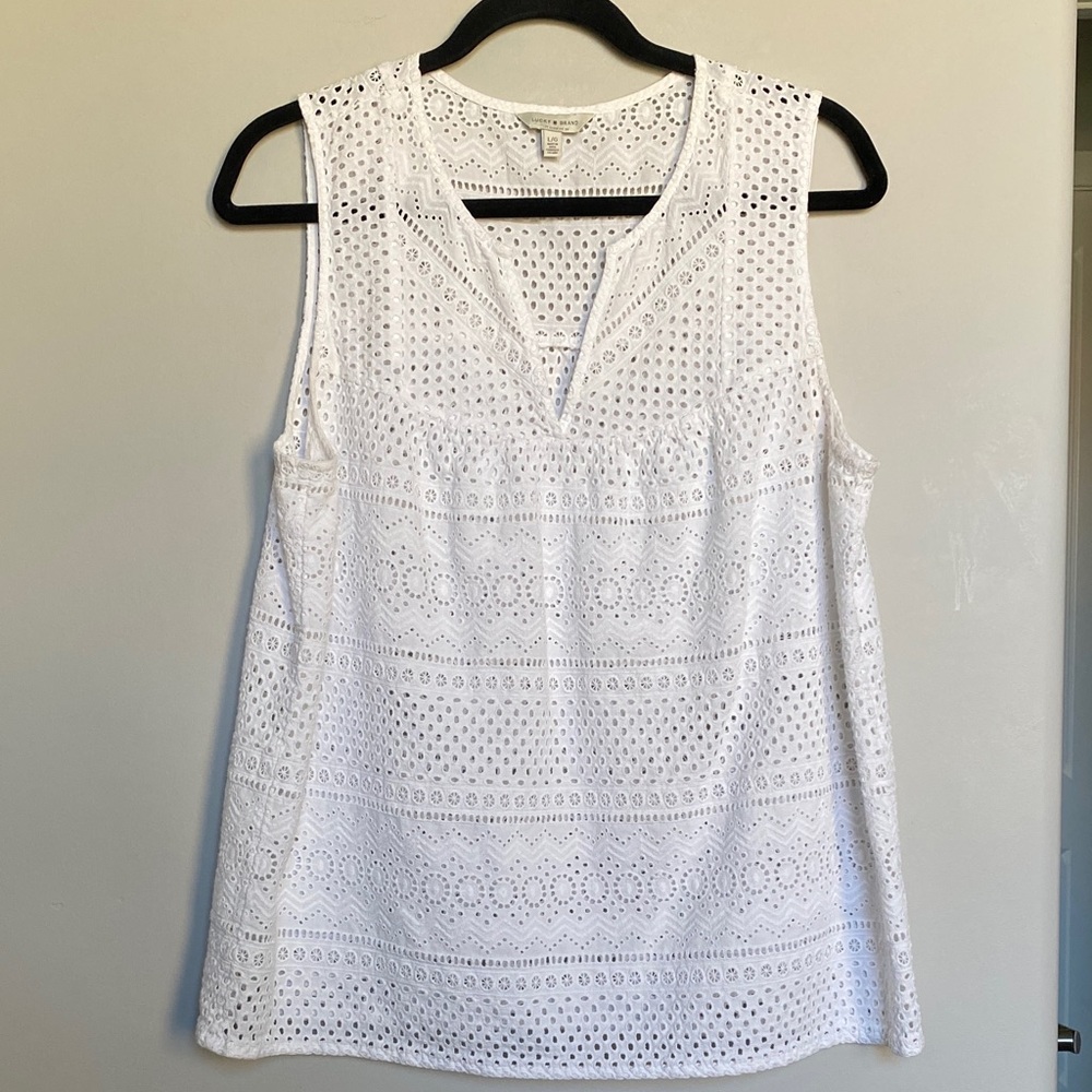 Lucky Brand White Sleeveless Eyelet Blouse size L